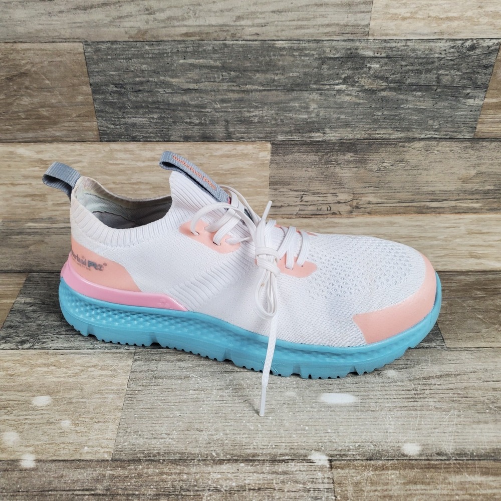 Timberland PRO Setra Knit Womens Shoes Sz 7.5 M White Peach Safety Toe Sneakers
